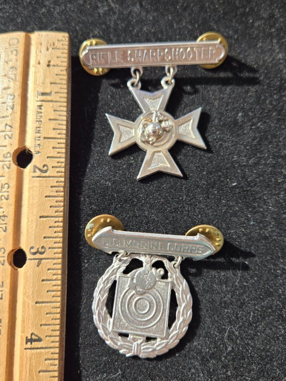 Vintage USMC Marine Corps Sterling Silver Rifle Sharpshooter Badge Pin Set